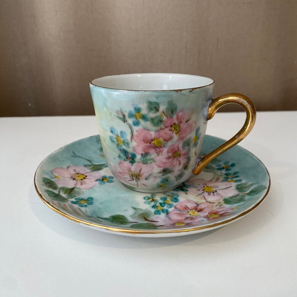 Artist Signed F.A.F Hand Painted Cherry Blossom Cup &‎ Saucer 3"/6"